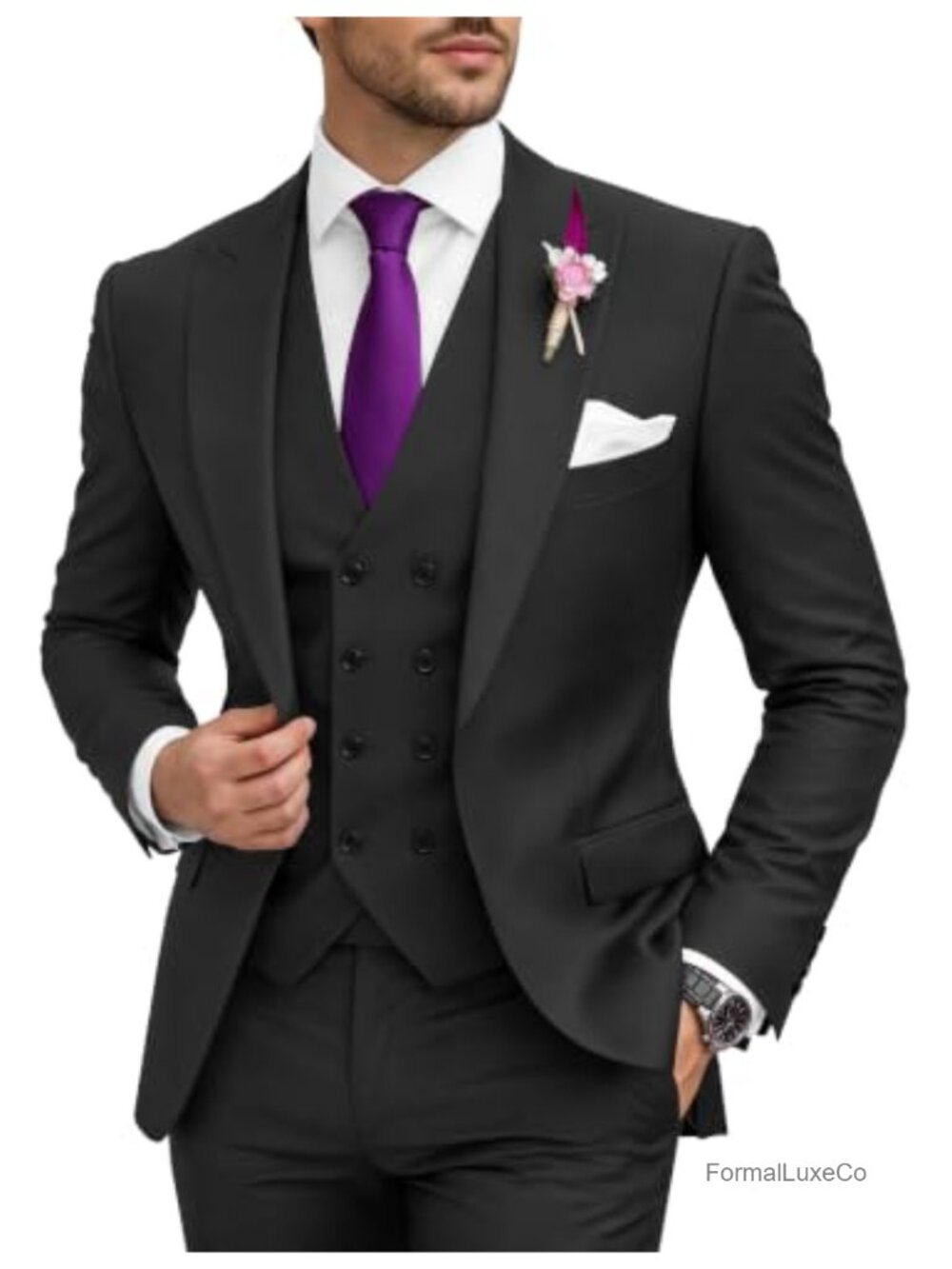 3 Piece Slim Fit Double Breasted Wedding Suit Men Formal Prom Tuxedo Set